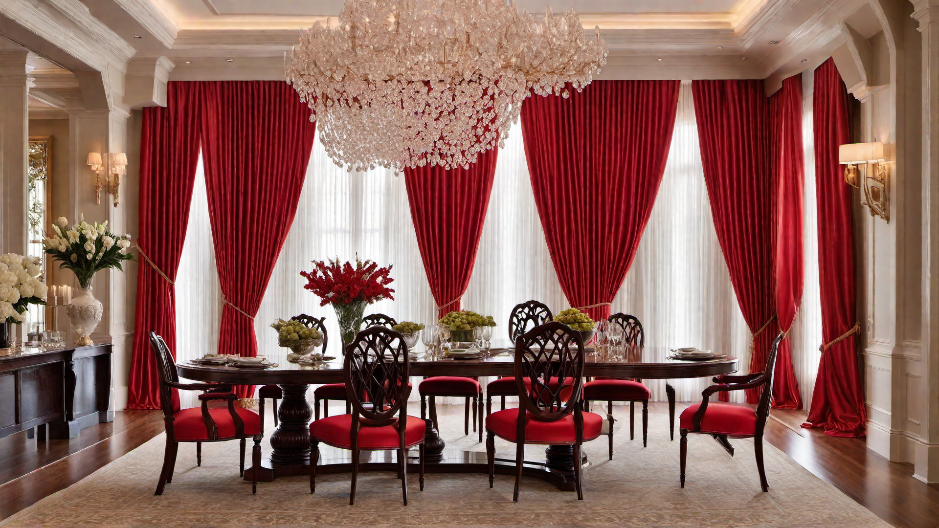 Refined Elegance: Red Silk Drapes in a Formal Dining Area