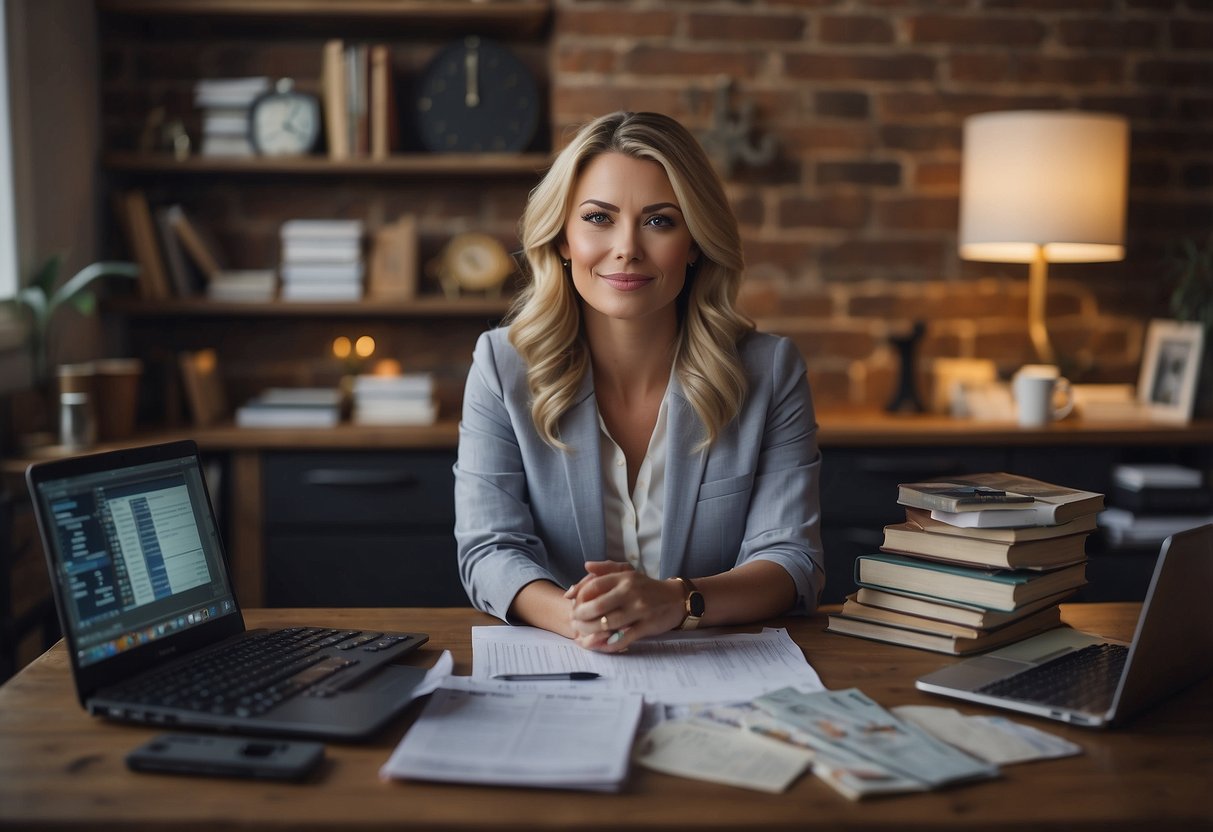 A woman sits at a desk surrounded by various income-generating tools: a laptop, books on finance, a calculator, and a vision board with financial goals