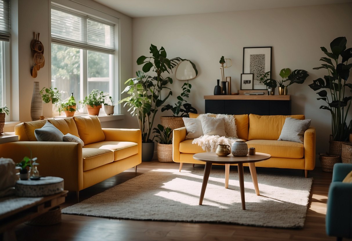 A cluttered living room with oversized, mismatched furniture and excessive decor. Harsh lighting and busy patterns overwhelm the space. Instead, opt for minimalistic, cohesive design with natural lighting and functional furniture