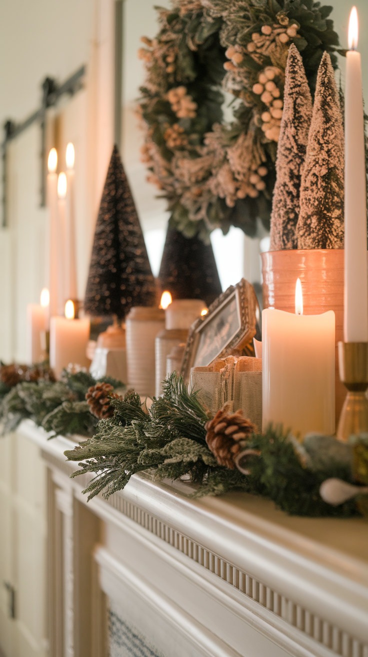A beautifully decorated mantlepiece with candles, greenery, and decorative items.
