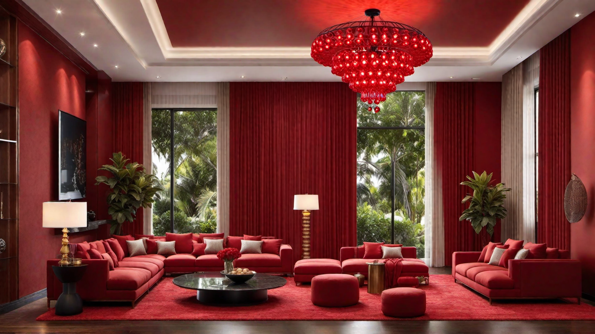 Dramatic Flair: Red Chandelier Hanging in the Center