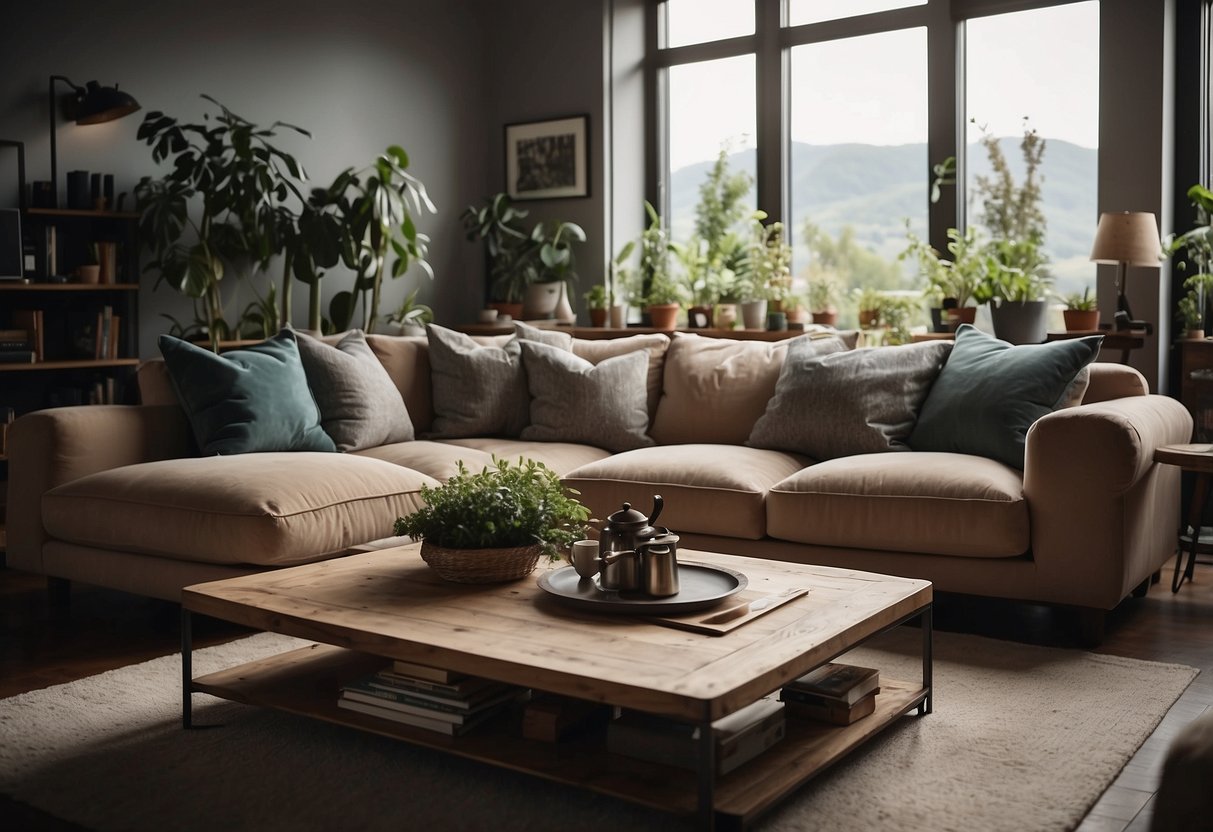 A living room with a large, overstuffed sofa and an oversized coffee table, creating a cluttered and cramped space