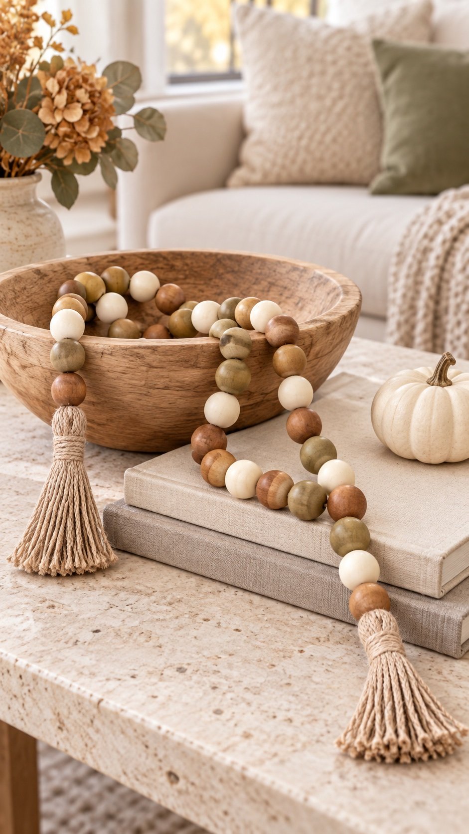 Coffee, sage and cream wood bead garland with jute tassels on a fall coffee table
