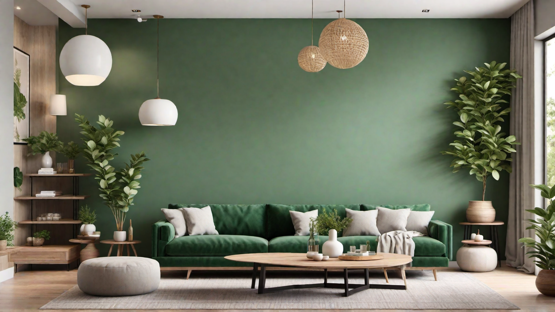 Natural Elegance: Green Accent Wall in the Living Room