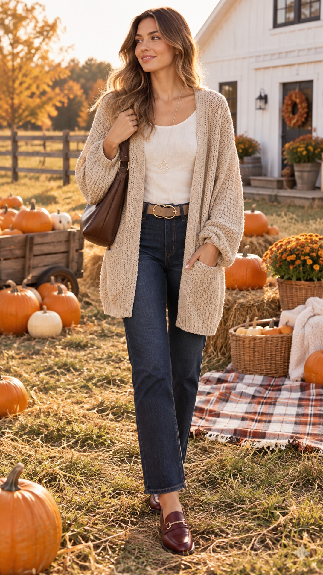 Woman wearing an oatmeal chunky cardigan with dark jeans and burgundy loafers at a pumpkin patch