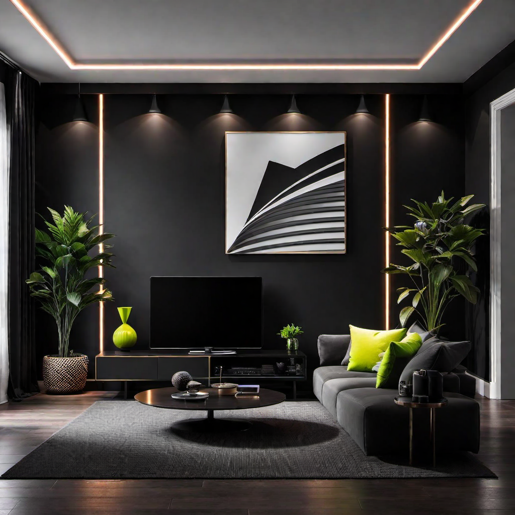 Unconventional Twist: Black Accent Wall with Neon Lights