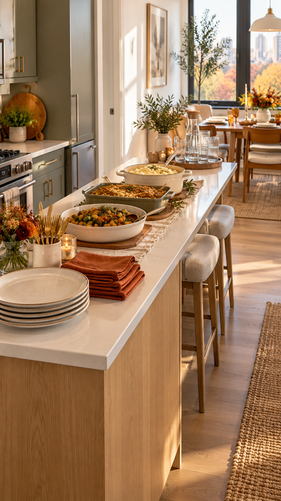 Compact Thanksgiving buffet on a kitchen island with plates, serving bowls, folded napkins, drinks on a tray, and an open walkway