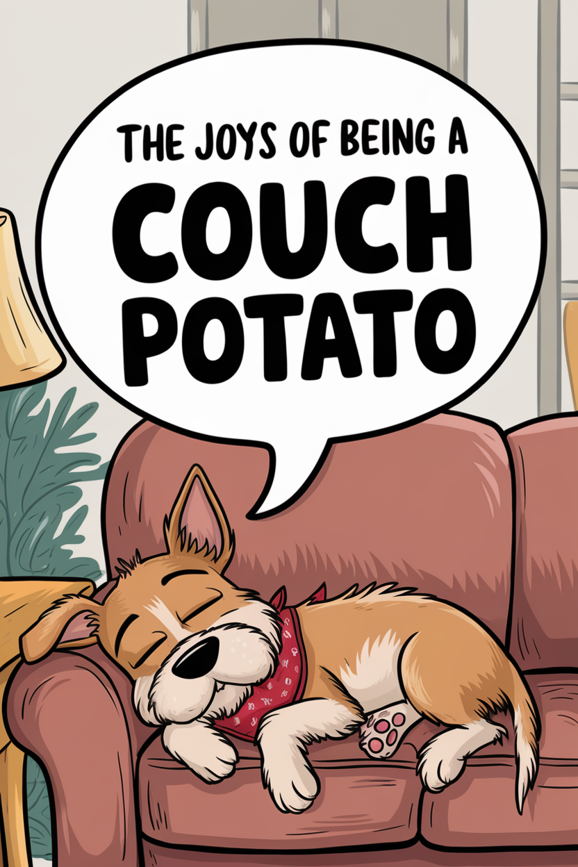 A cute cartoon dog sleeping on a couch with a speech bubble saying 'The Joys of Being a Couch Potato.'
