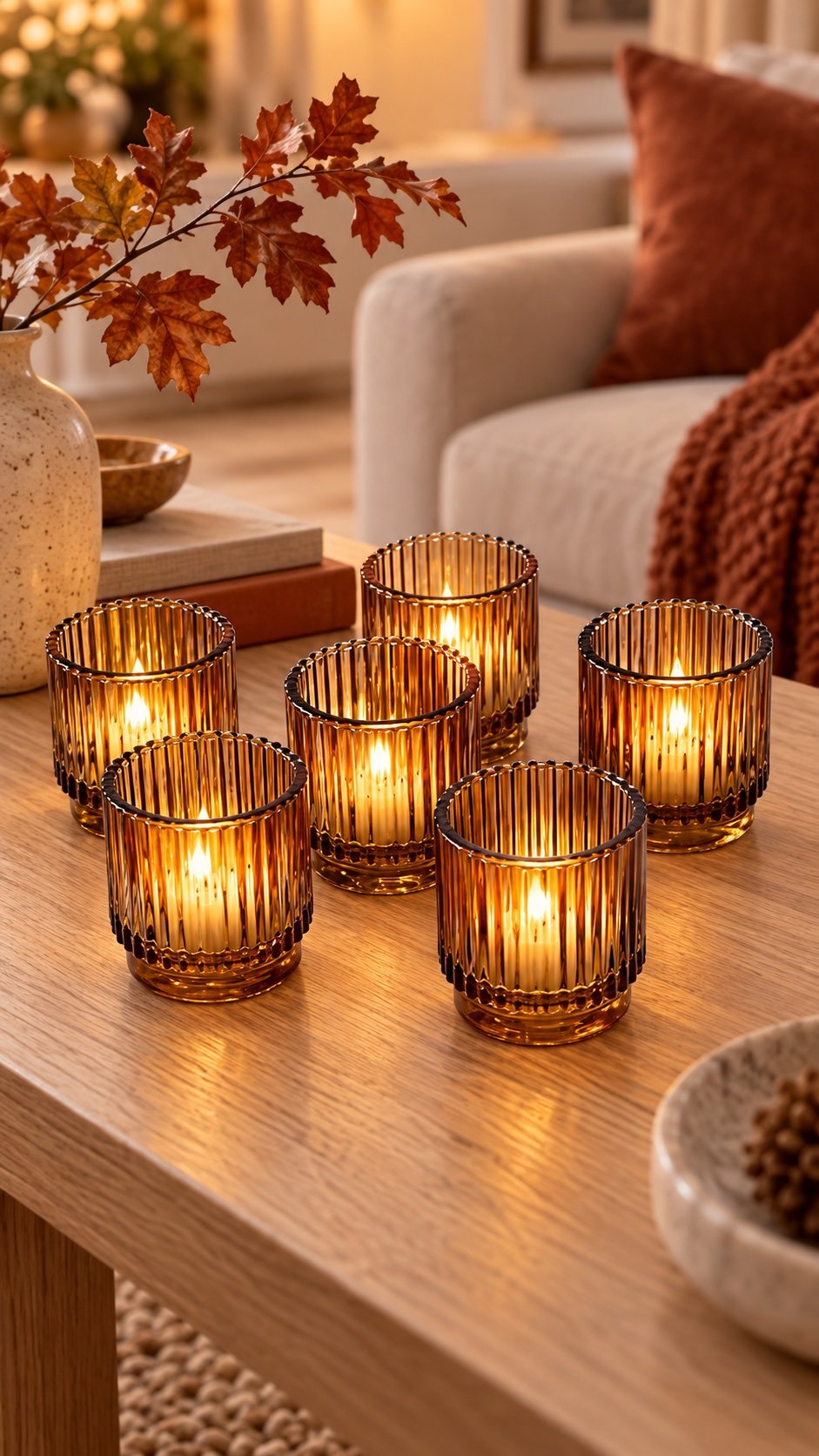 Amber fluted glass votive candle holders glowing on a fall living room coffee table