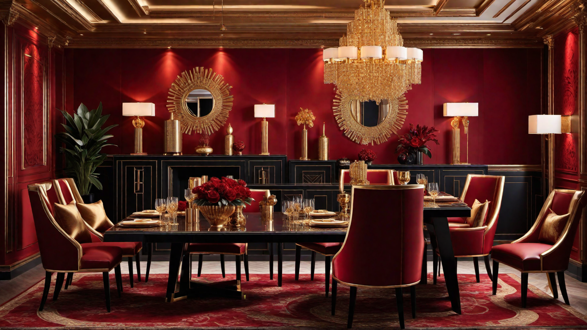 Art Deco Glamour: Red and Gold Wallpaper in a Dining Room