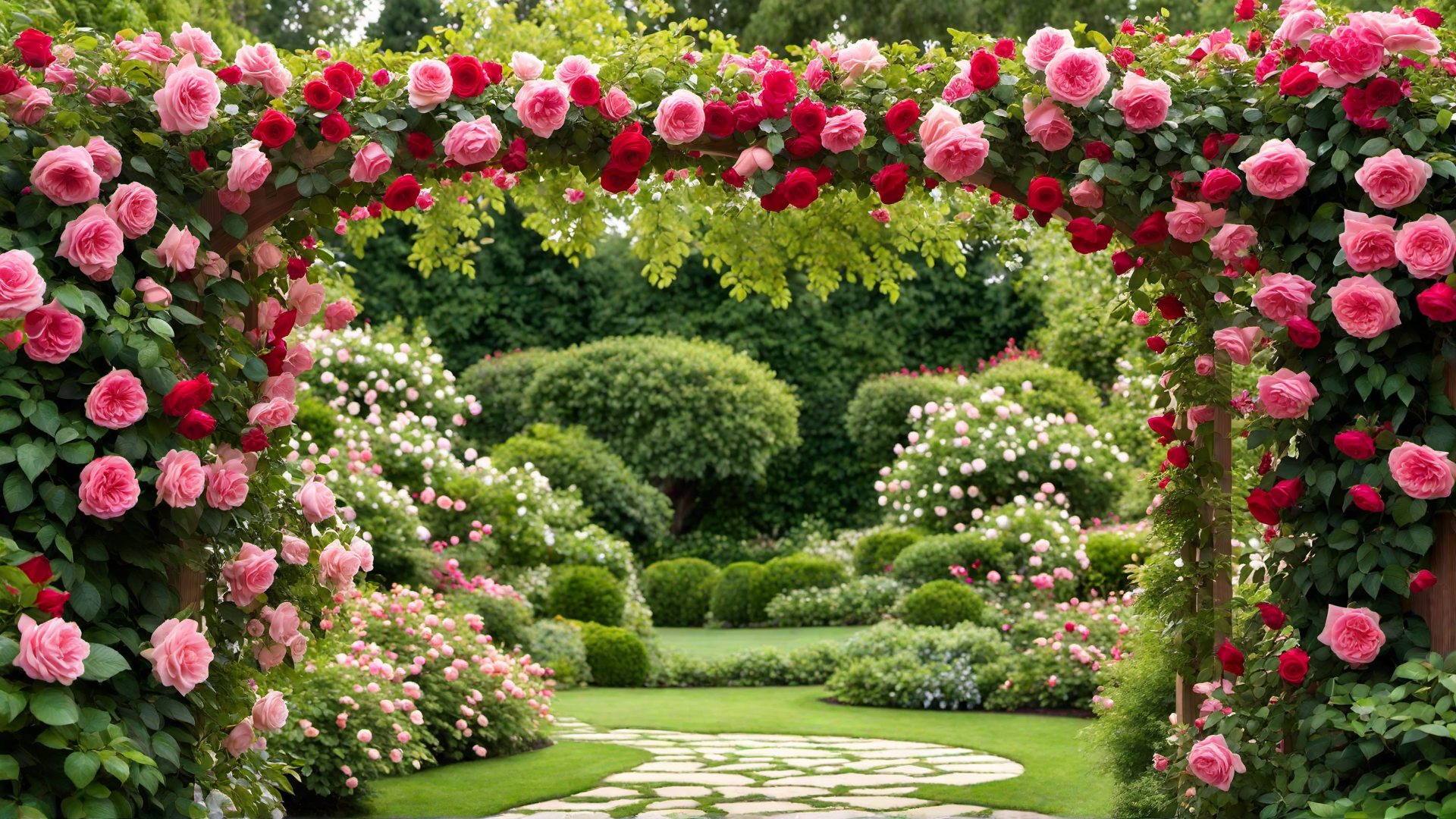Garden Arch Covered in Blooming Roses