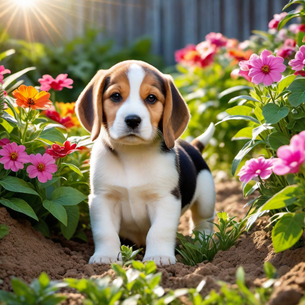 Beagle Puppy Digging in the Garden