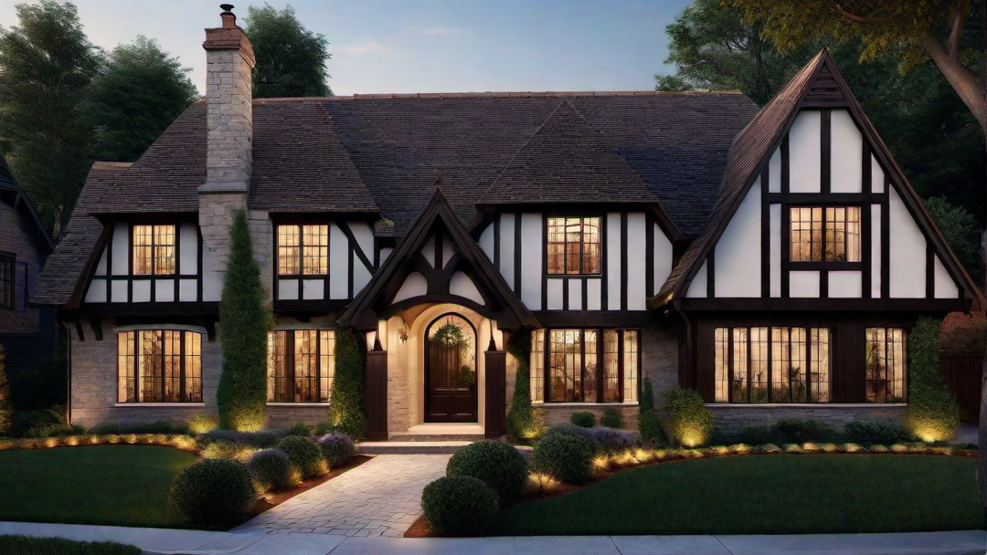 Artful Contrasts: Tudor Style Home with Dark Beams on Light Facade
