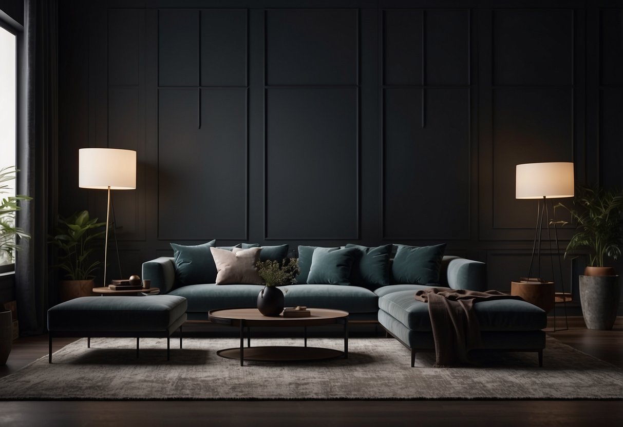 The dark-colored walls create a moody atmosphere in the living room, with minimal natural light filtering through the windows. The deep hue adds drama and sophistication to the space, but may make the room feel smaller and more enclosed