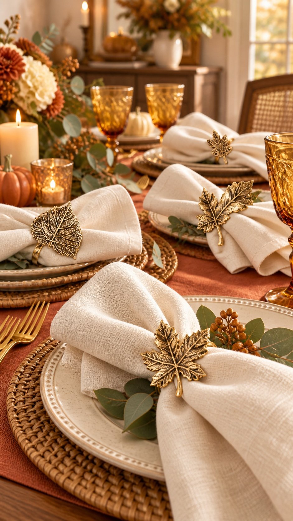 Antique gold leaf napkin rings with ivory napkins for Thanksgiving
