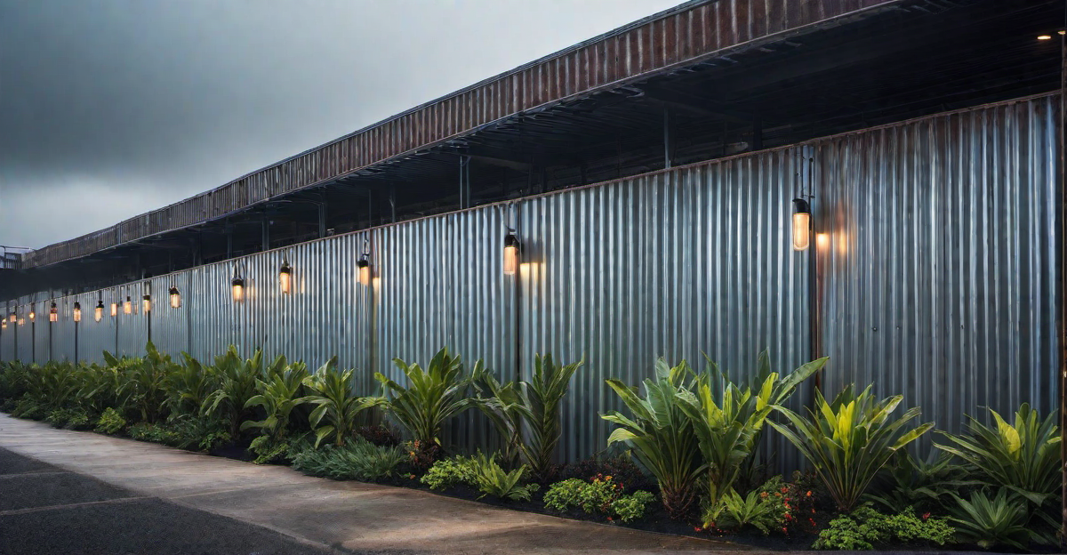 Industrial Aesthetic: Corrugated Metal Fence with Exposed Fasteners
