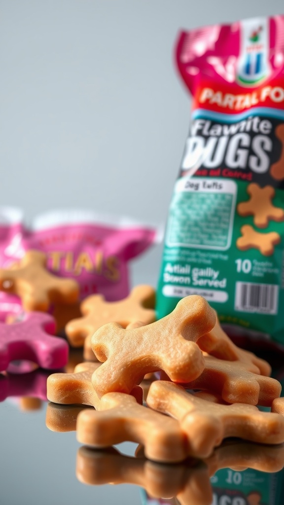A variety of brightly colored dog biscuits displayed on a reflective surface.