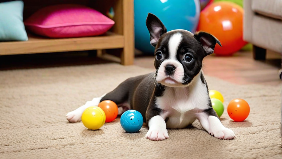 Boston Terrier Puppies Discovering Toys