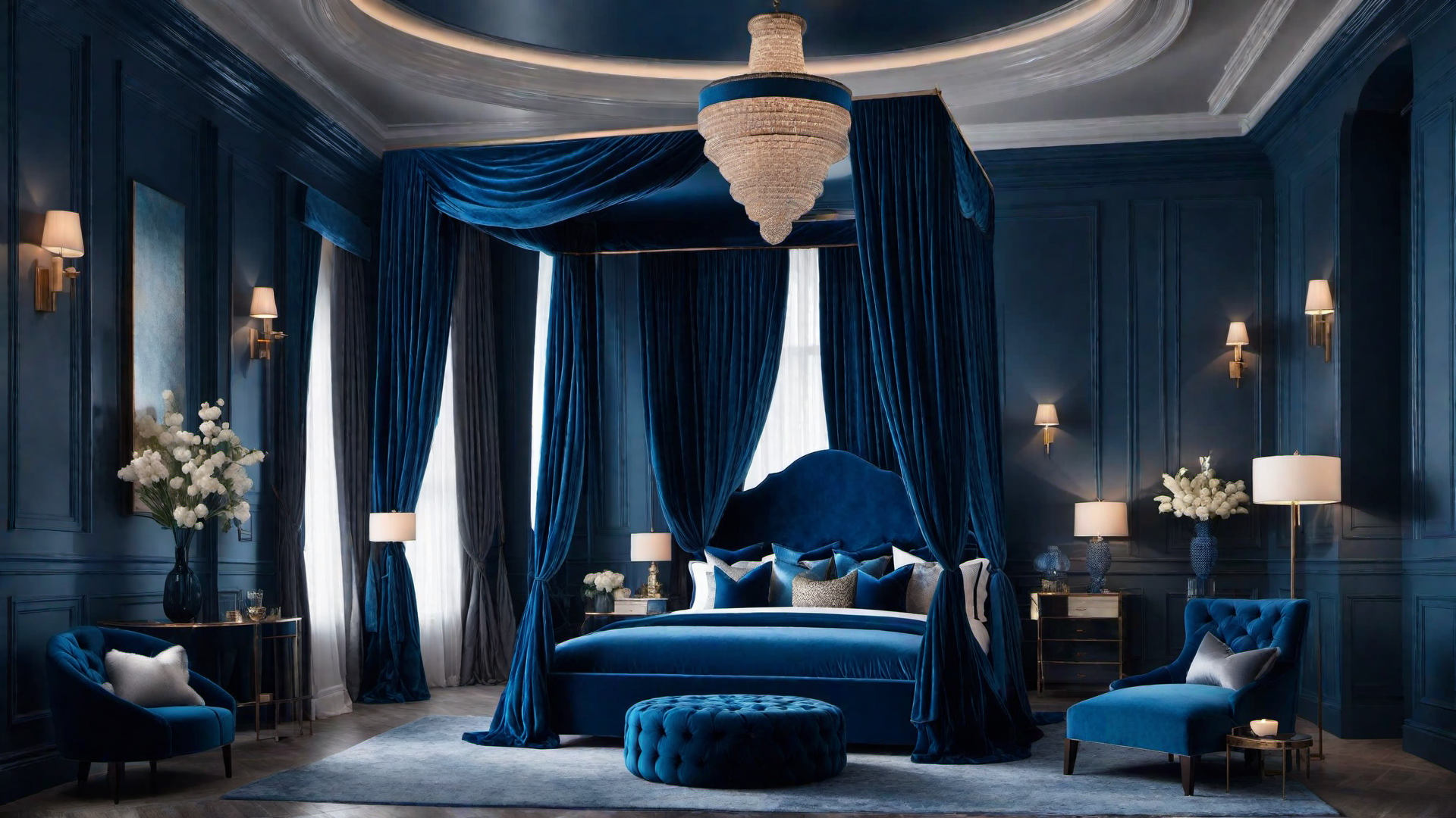 Personal Haven: Blue Velvet Canopy Bed for Dreamy Nights