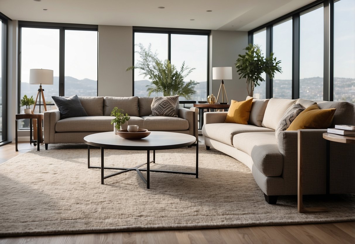 A spacious living room with wall-to-wall carpeting, featuring modern furniture and minimalist decor. Large windows let in natural light, creating a cozy and inviting atmosphere