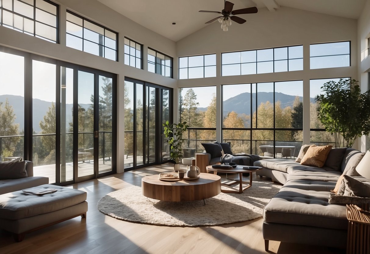 An open floor plan with interconnected living, dining, and kitchen areas. Natural light floods through large windows, highlighting modern furniture and minimalist decor