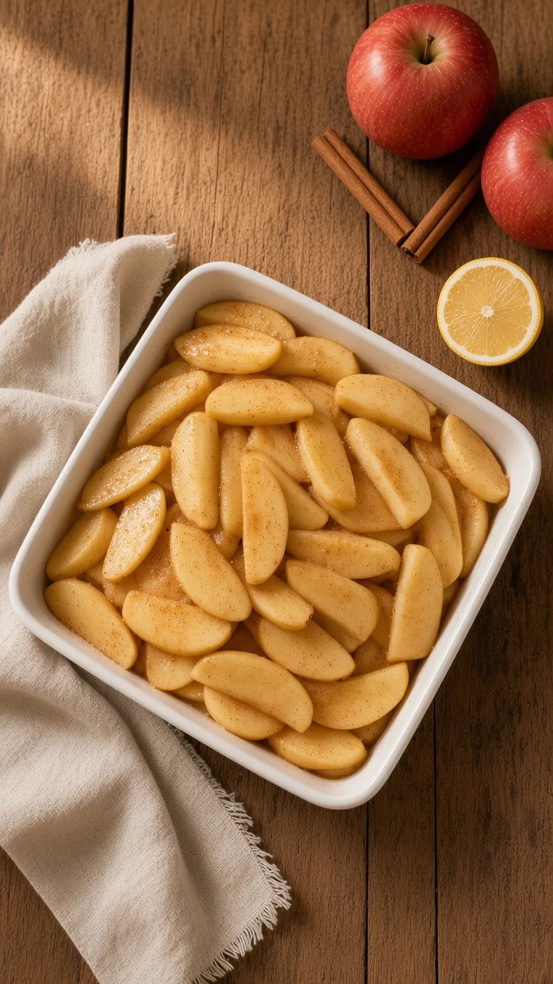 Cinnamon-sugar apple slices spread in a baking dish