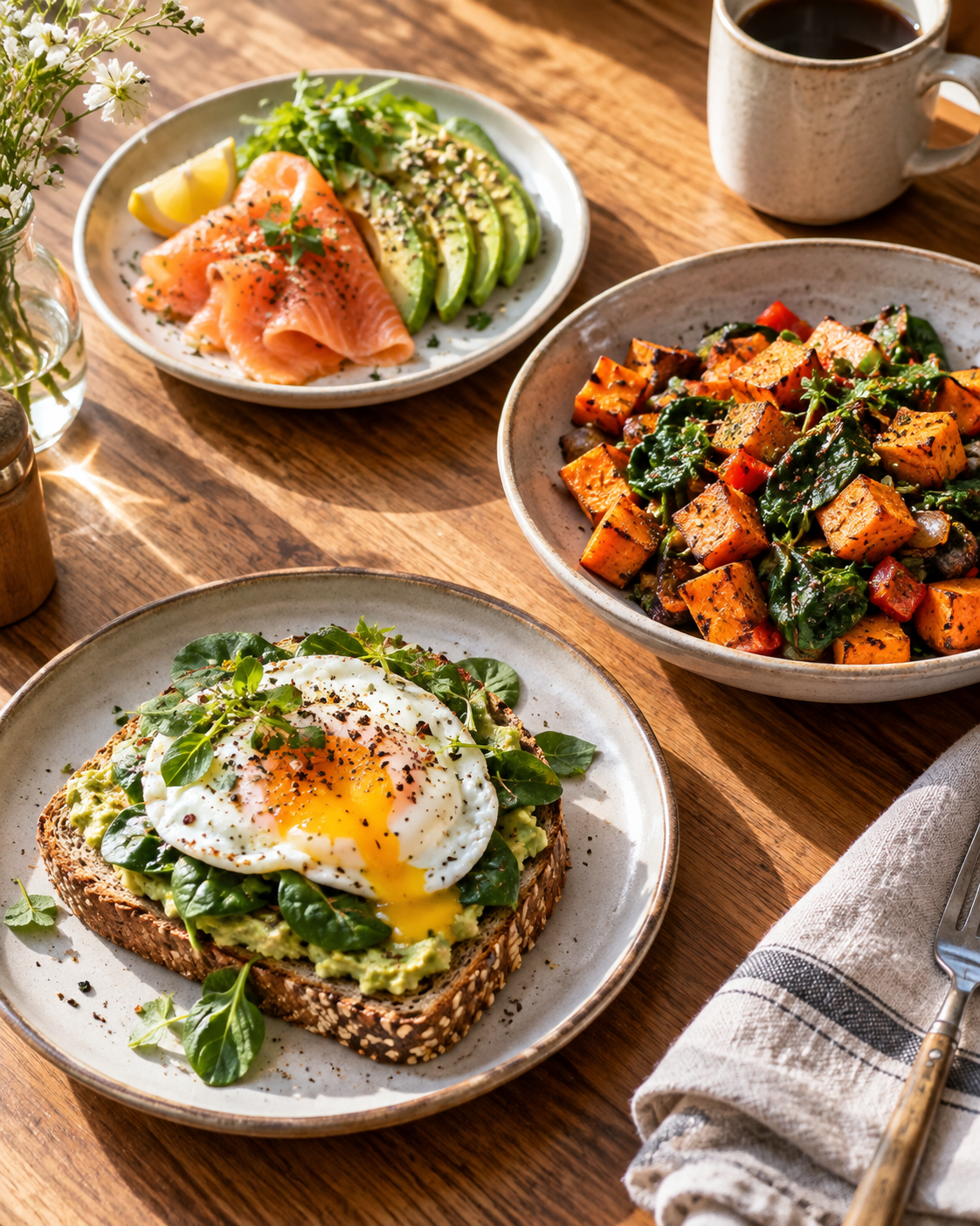 Avocado spinach egg toast, sweet potato spinach hash, and salmon avocado breakfast plate
