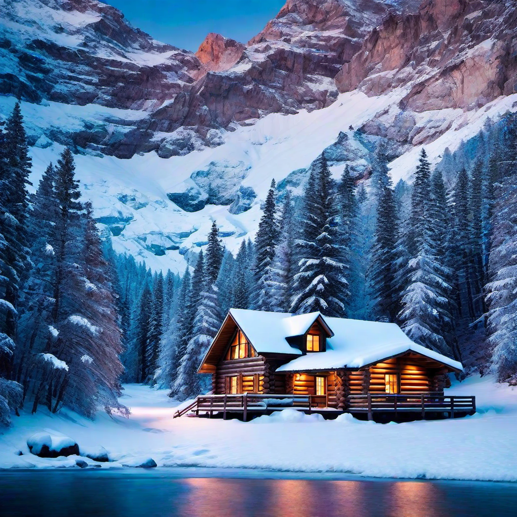 Winter Wonderland: Log Cabin Exterior in Snowy Landscape