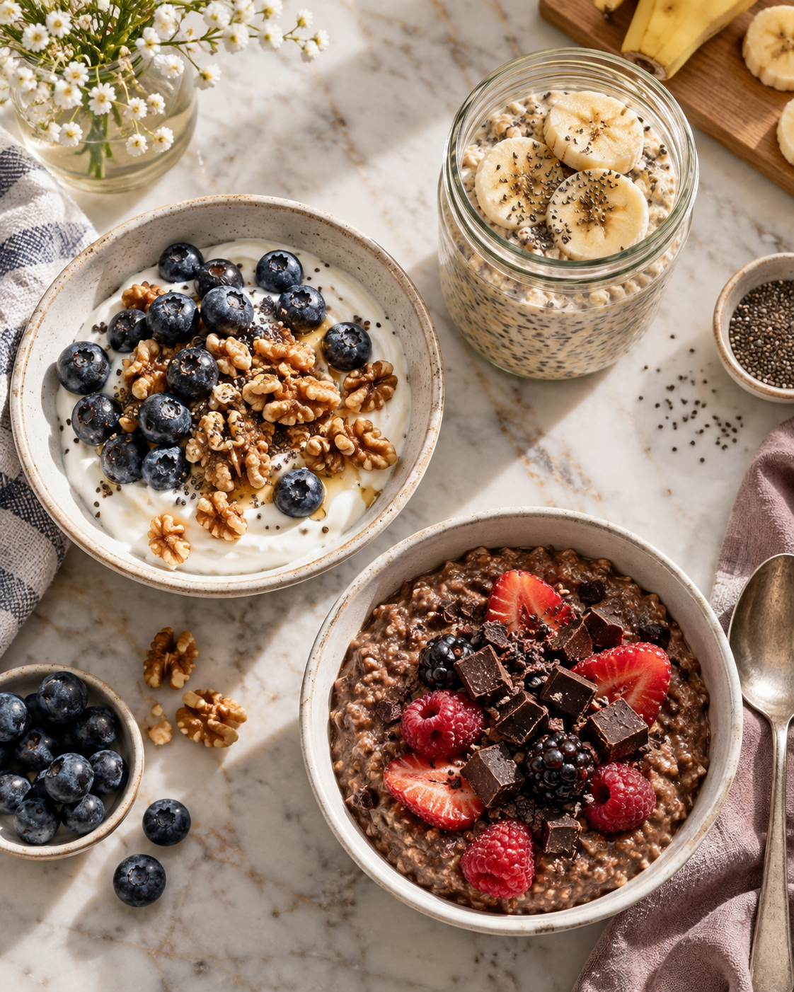 Blueberry yogurt bowl, banana chia overnight oats, and dark chocolate berry oatmeal on a breakfast table