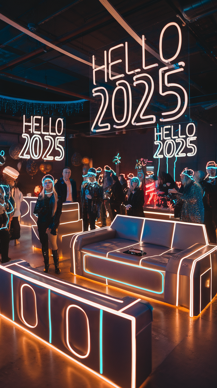 A lively room decorated with neon lights and glowing furniture, featuring people in bright outfits.