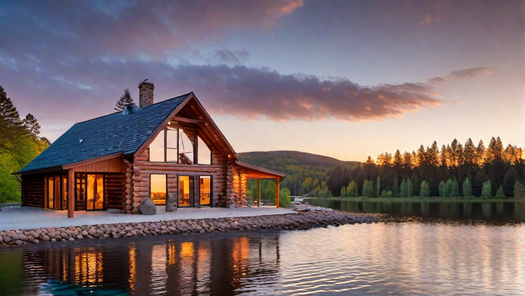 Scenic Log Cabin Illuminated by Sunset