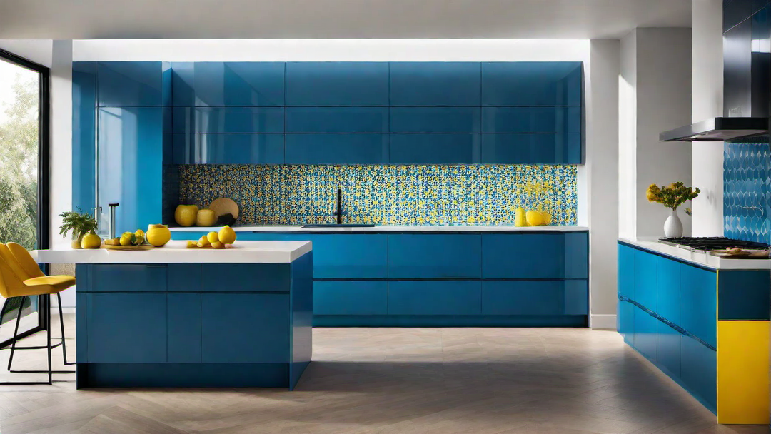 Contemporary Twist: Blue Kitchen with Pop of Color