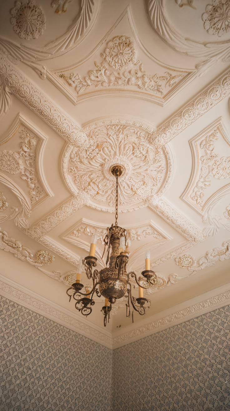 Elegant ceiling with intricate plasterwork and a chandelier