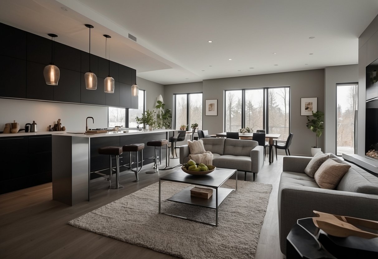 A modern, minimalist living room with trendy furniture and decor, but lacking warmth and personality. A sleek, open-concept kitchen with stainless steel appliances and granite countertops, but lacking functionality and comfort