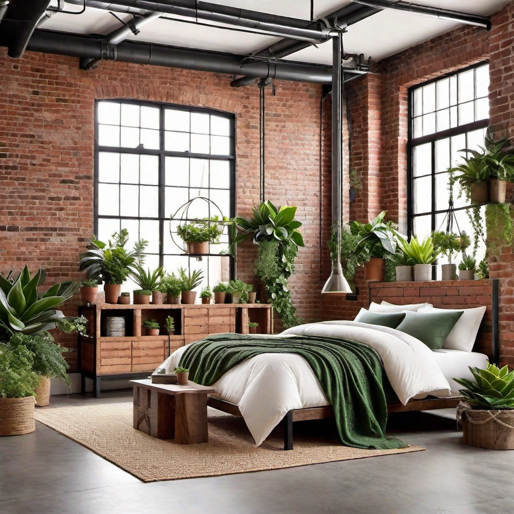 Urban Oasis: Industrial Bedroom with Greenery