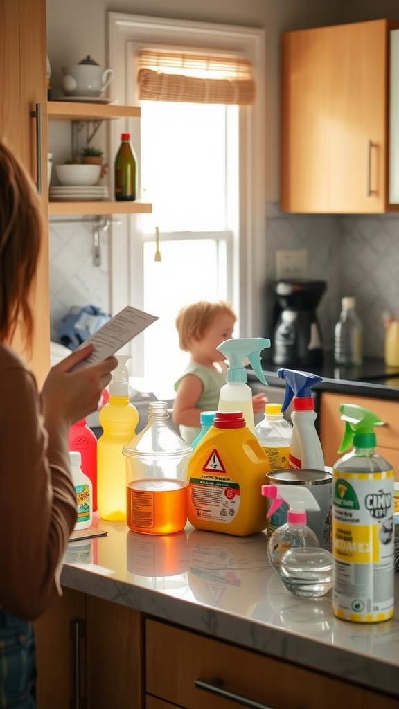 A person reading a label while surrounded by various household cleaning products in a kitchen.