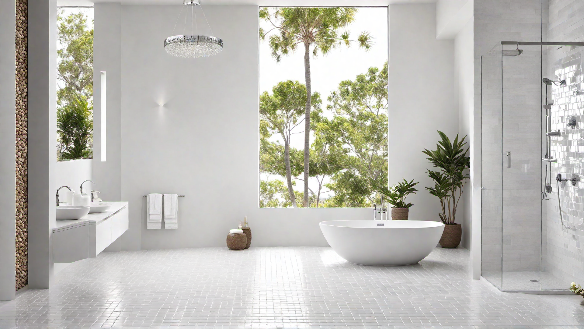 White Bathroom with Dual Shower Heads and Pebble Flooring