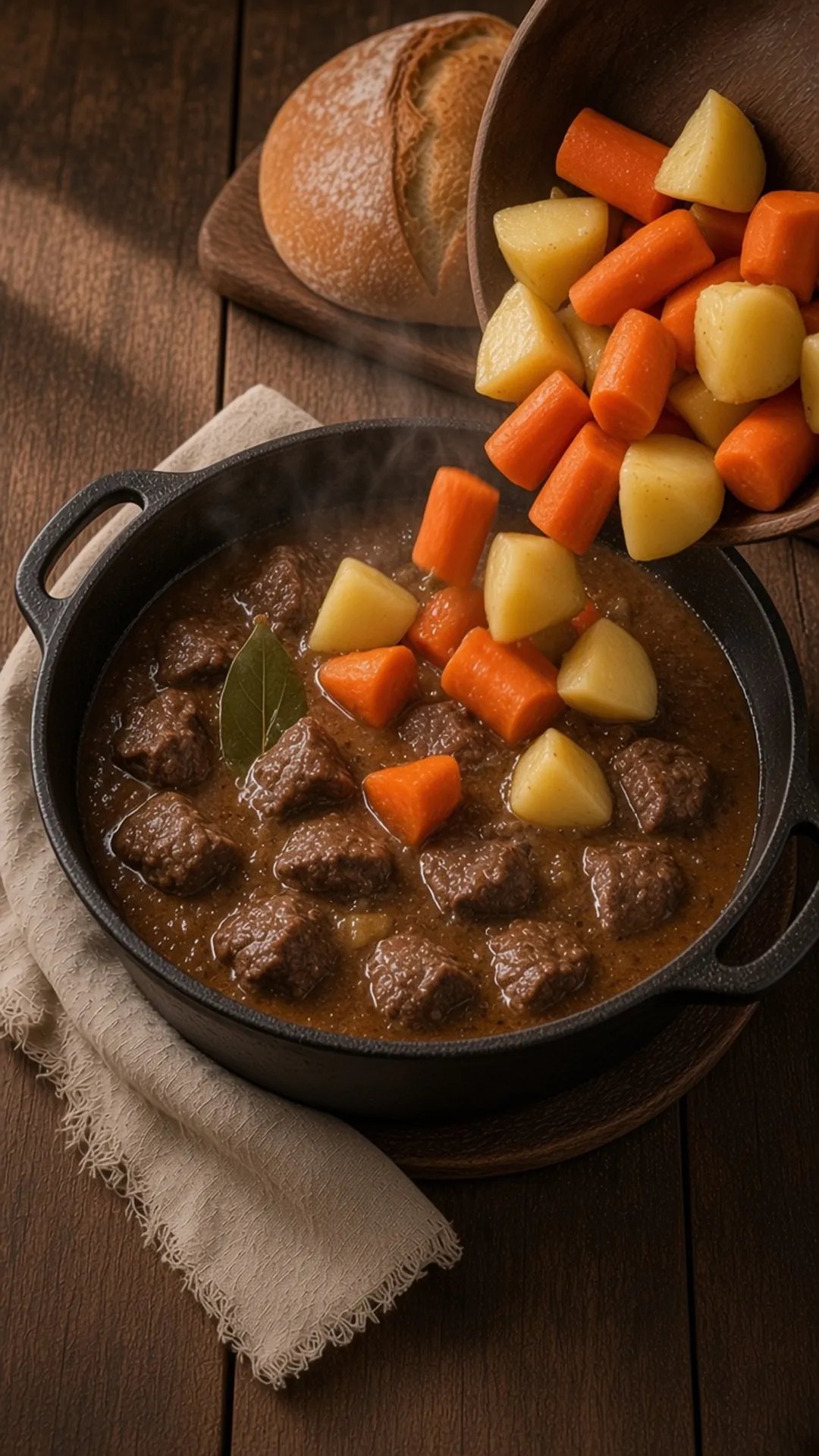 Raw carrots and potatoes being added to beef stew in a Dutch oven