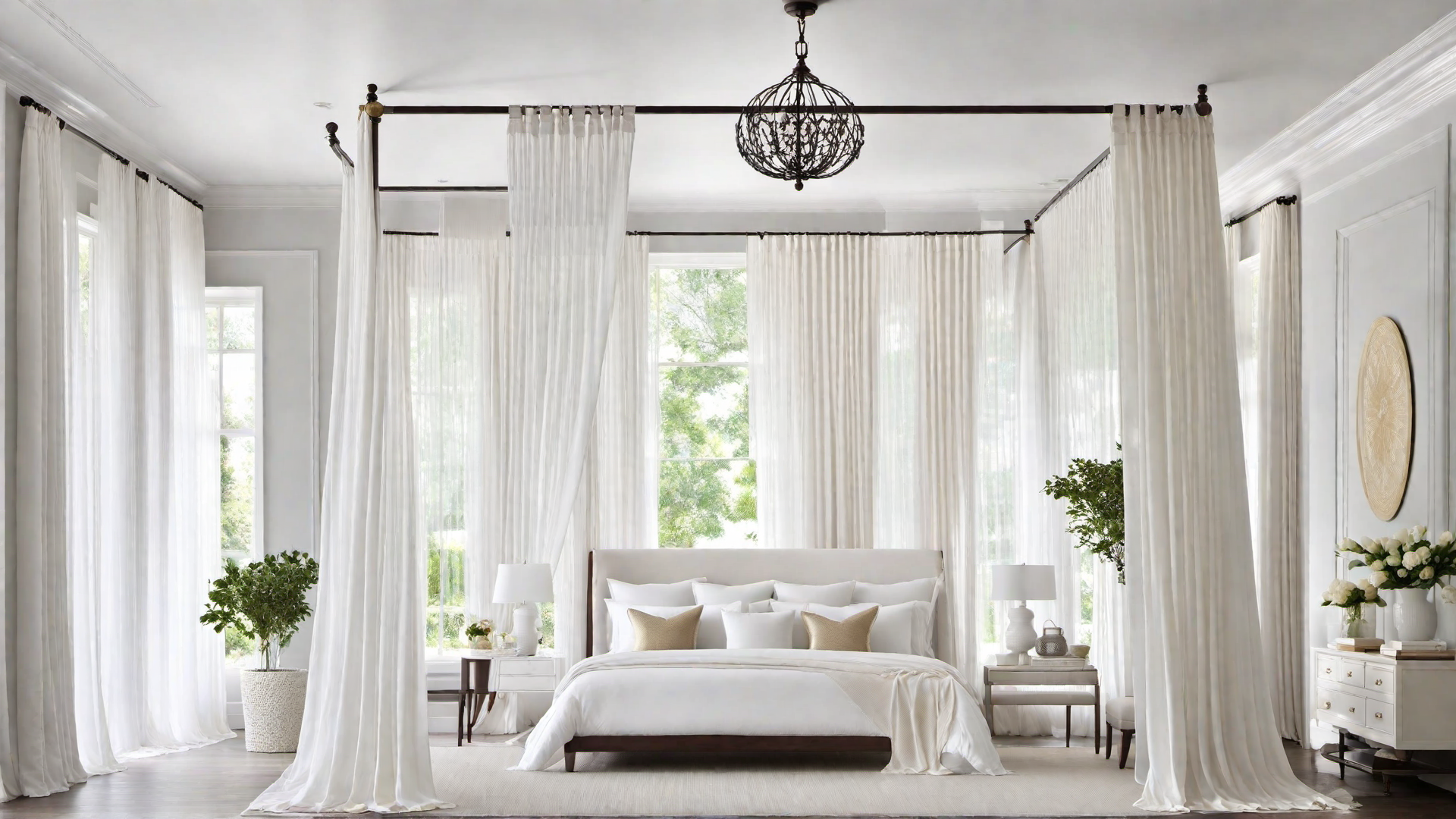 White Bedroom with Canopy Bed and Sheer Curtains