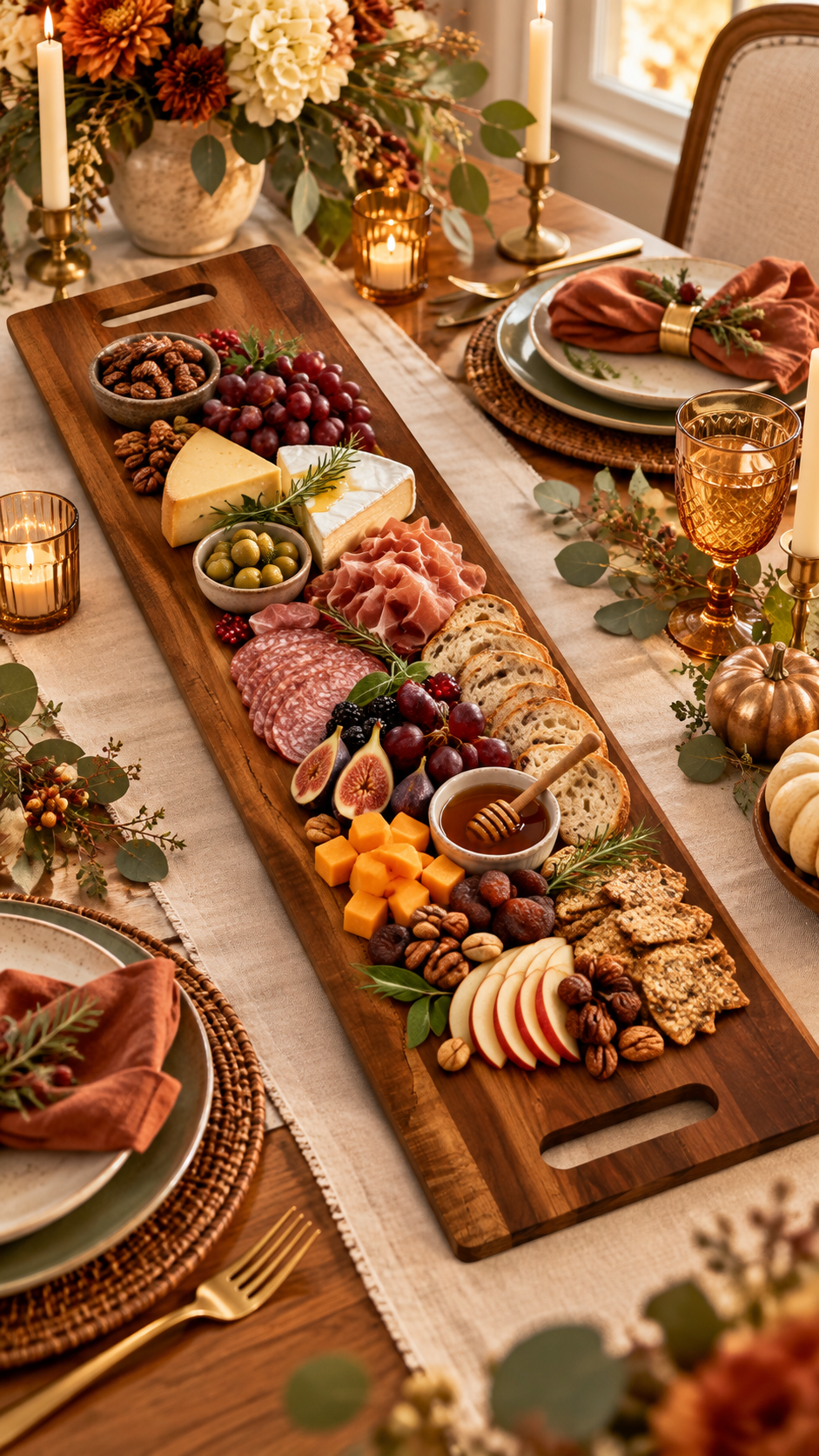 Extra long acacia serving board with Thanksgiving appetizers