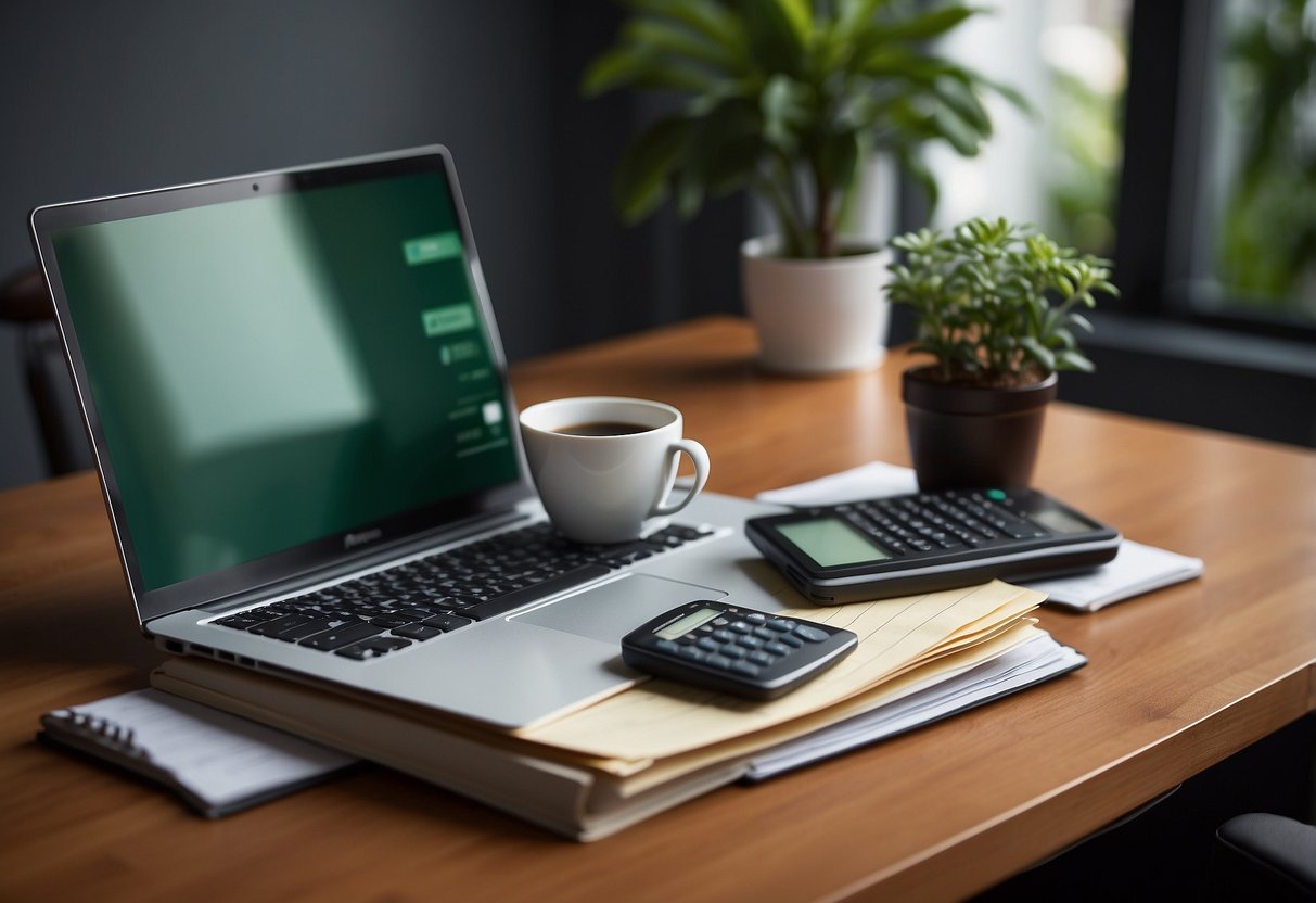 A desk with a laptop, calculator, and financial documents. A stack of books on retirement planning. A cup of coffee and a plant on the desk