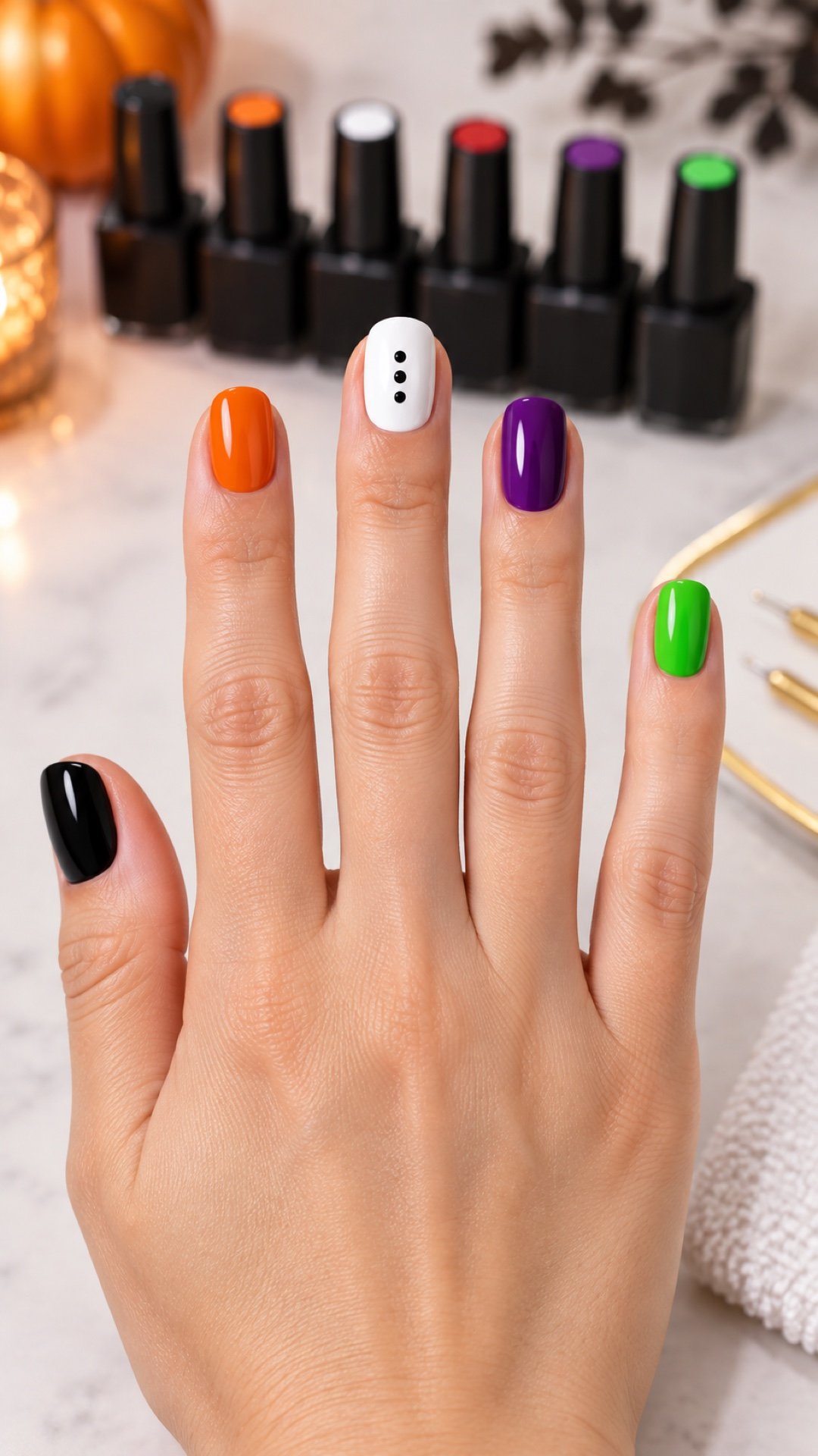 One complete five-finger hand with a simple black orange white purple and green Halloween manicure