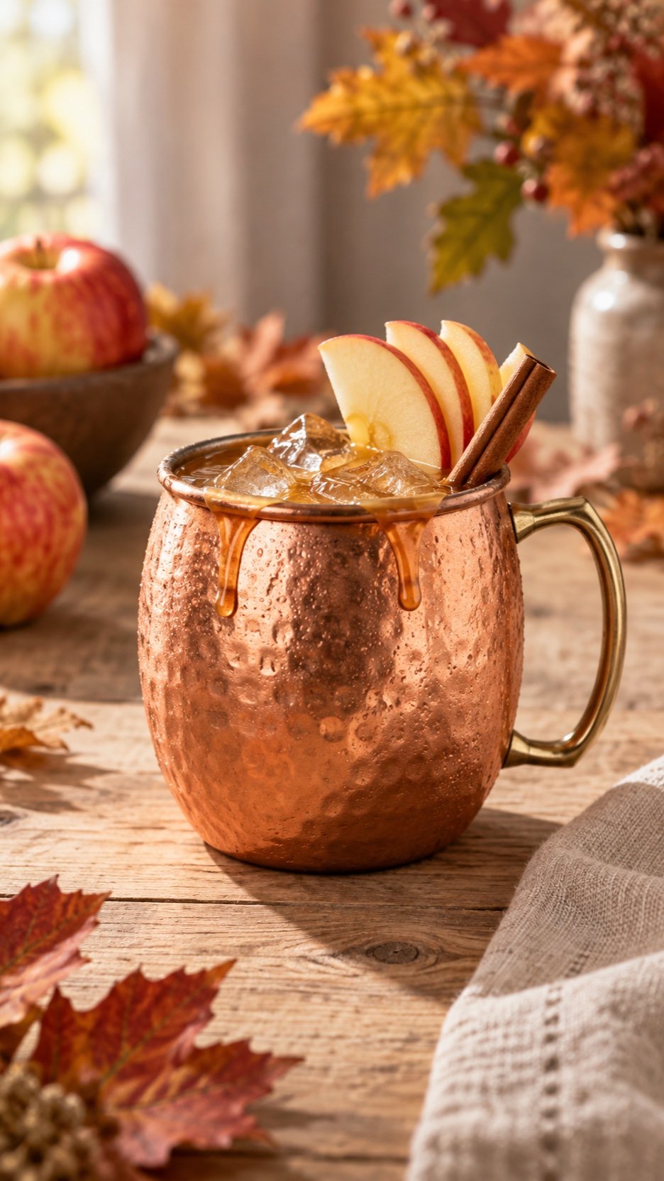 Caramel apple mule in a copper mug with apple slices