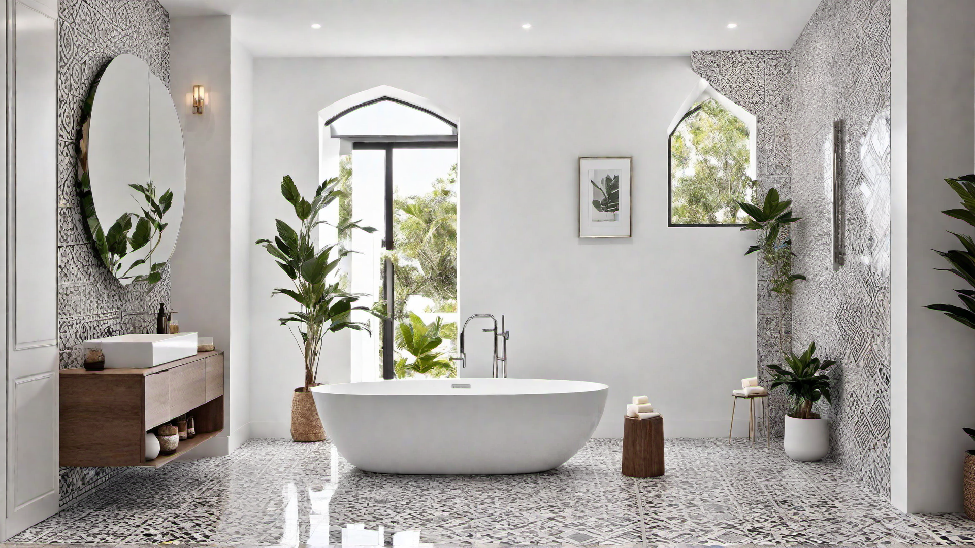 White Bathroom with Freestanding Tub and Mosaic Tiles