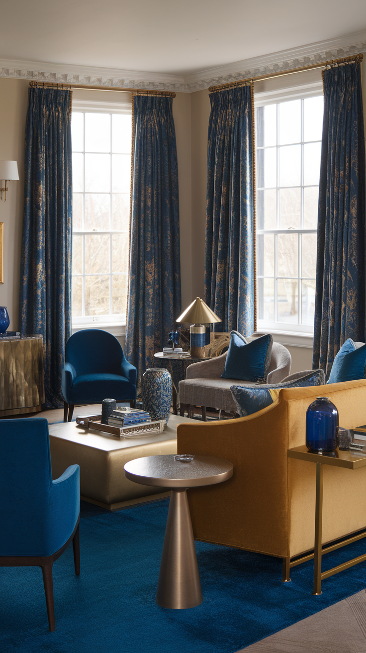 A traditional interior design featuring deep blue furnishings and gold accents.