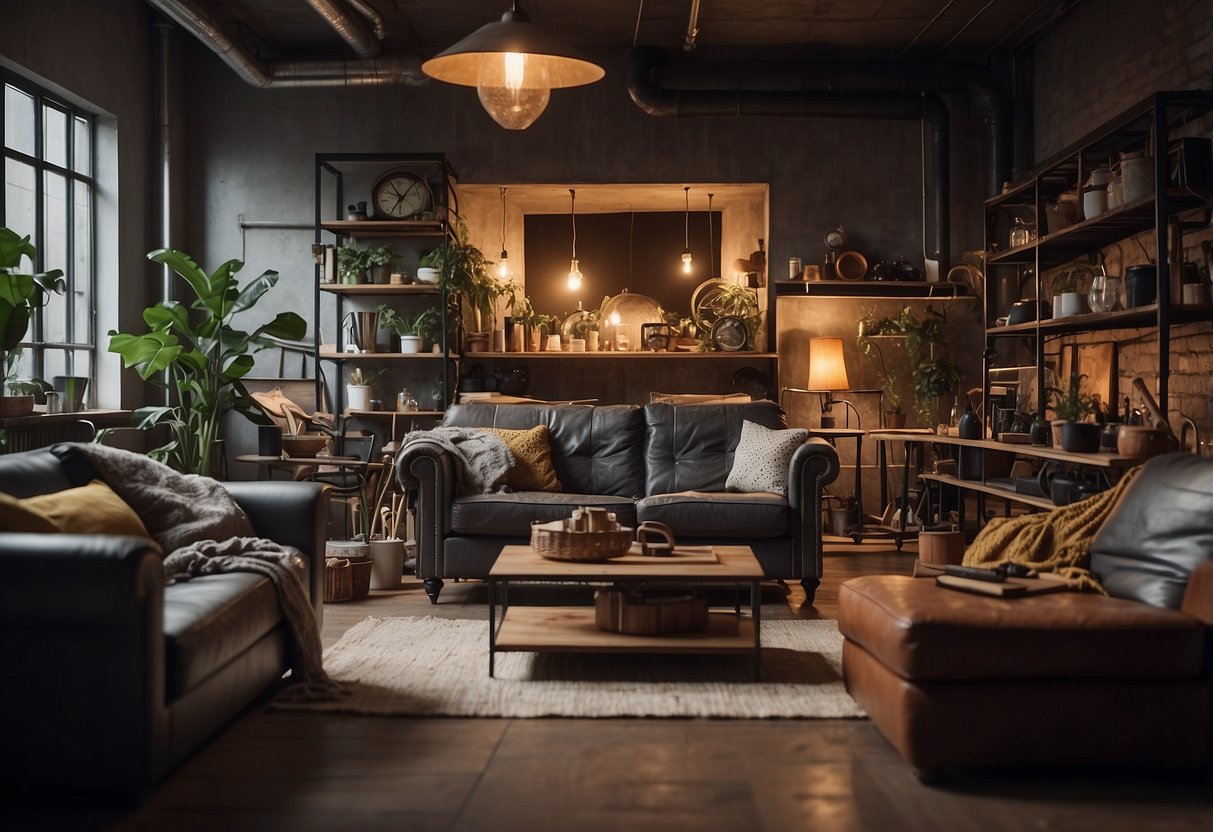 A cluttered living room with oversized, mismatched furniture and harsh lighting. Industrial-style decor dominates, with exposed pipes and metal fixtures