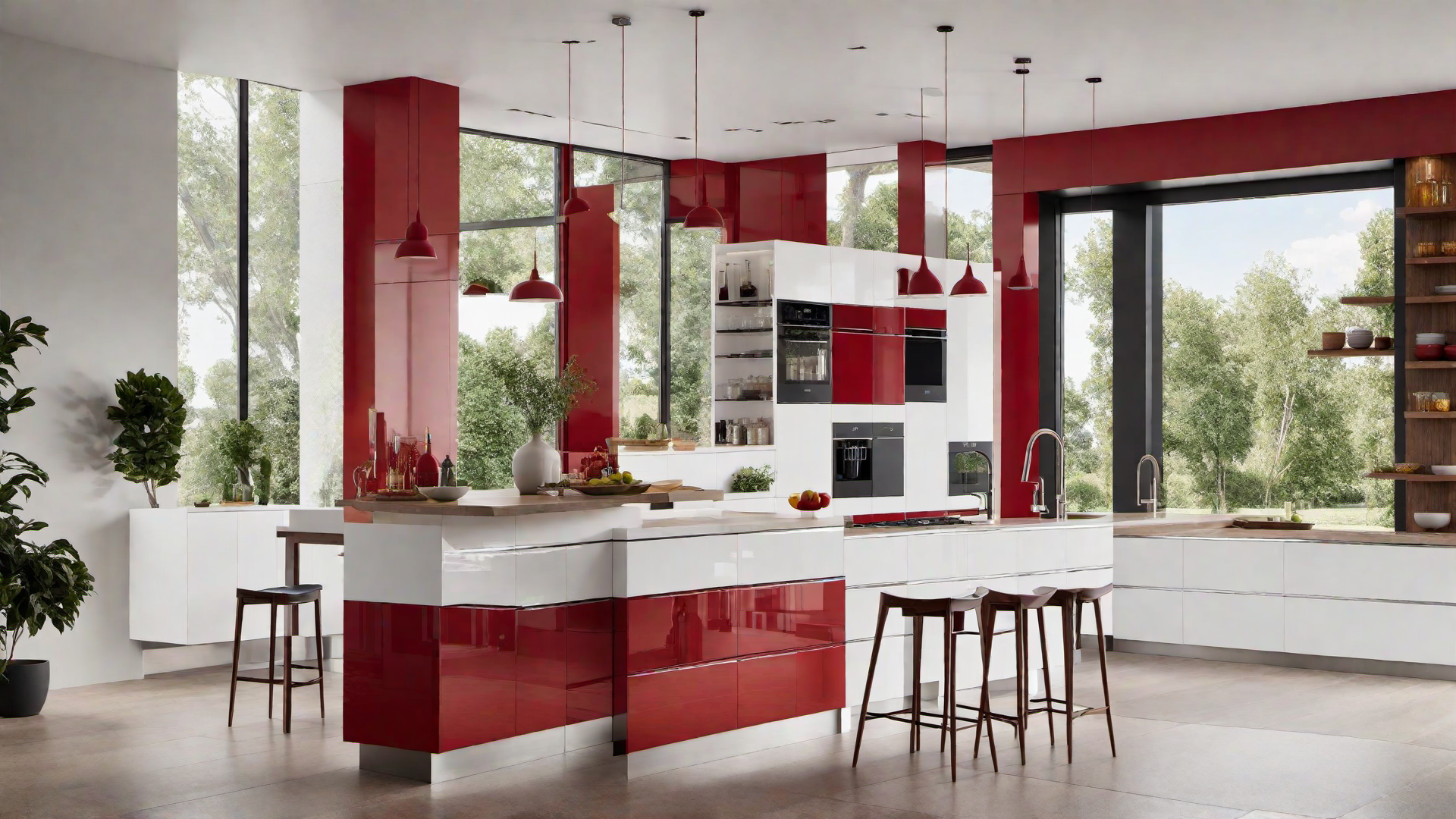 Contemporary Contrast: Red and White Kitchen Cabinets