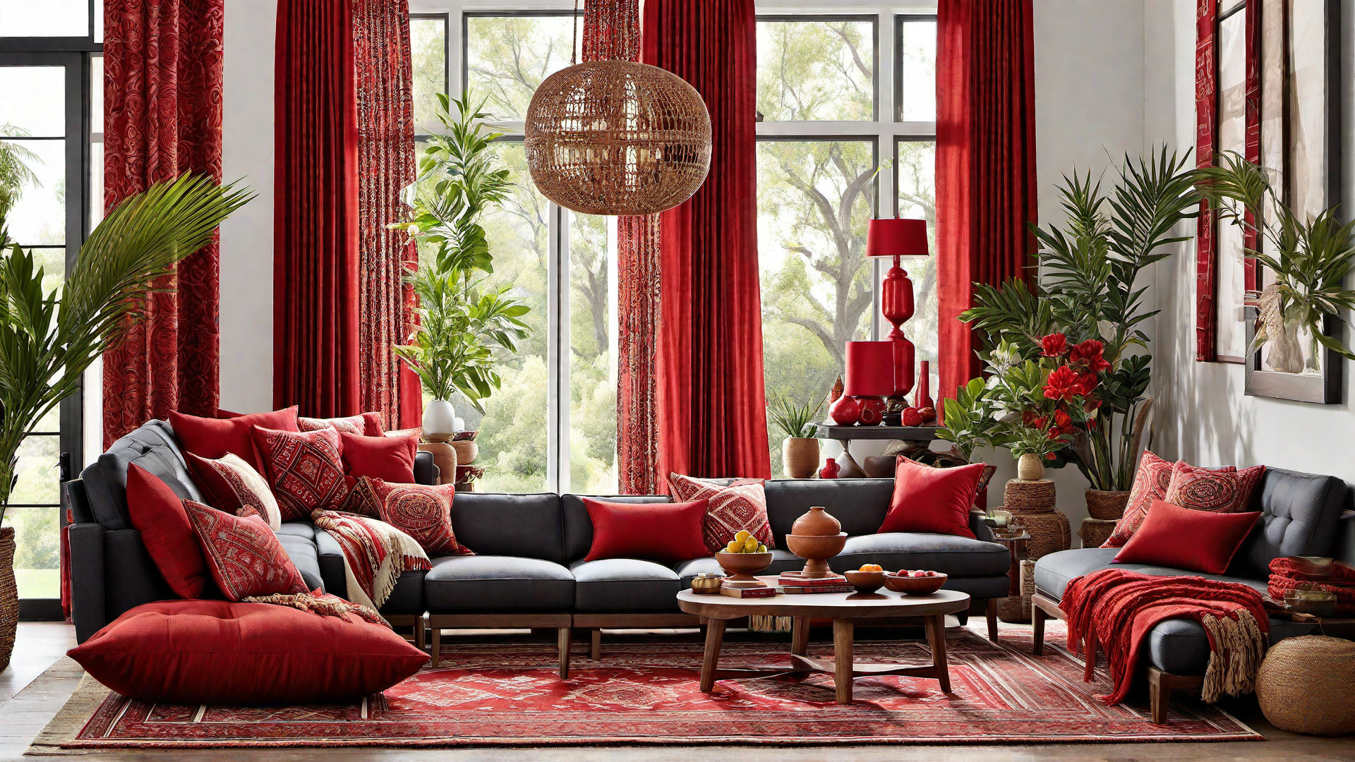 Bohemian Flair: Red Patterned Textiles in a Living Room