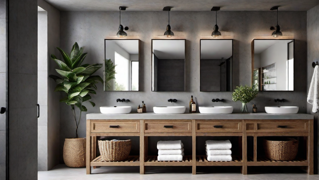 Mix of Textures: Concrete Countertops and Wicker Storage
