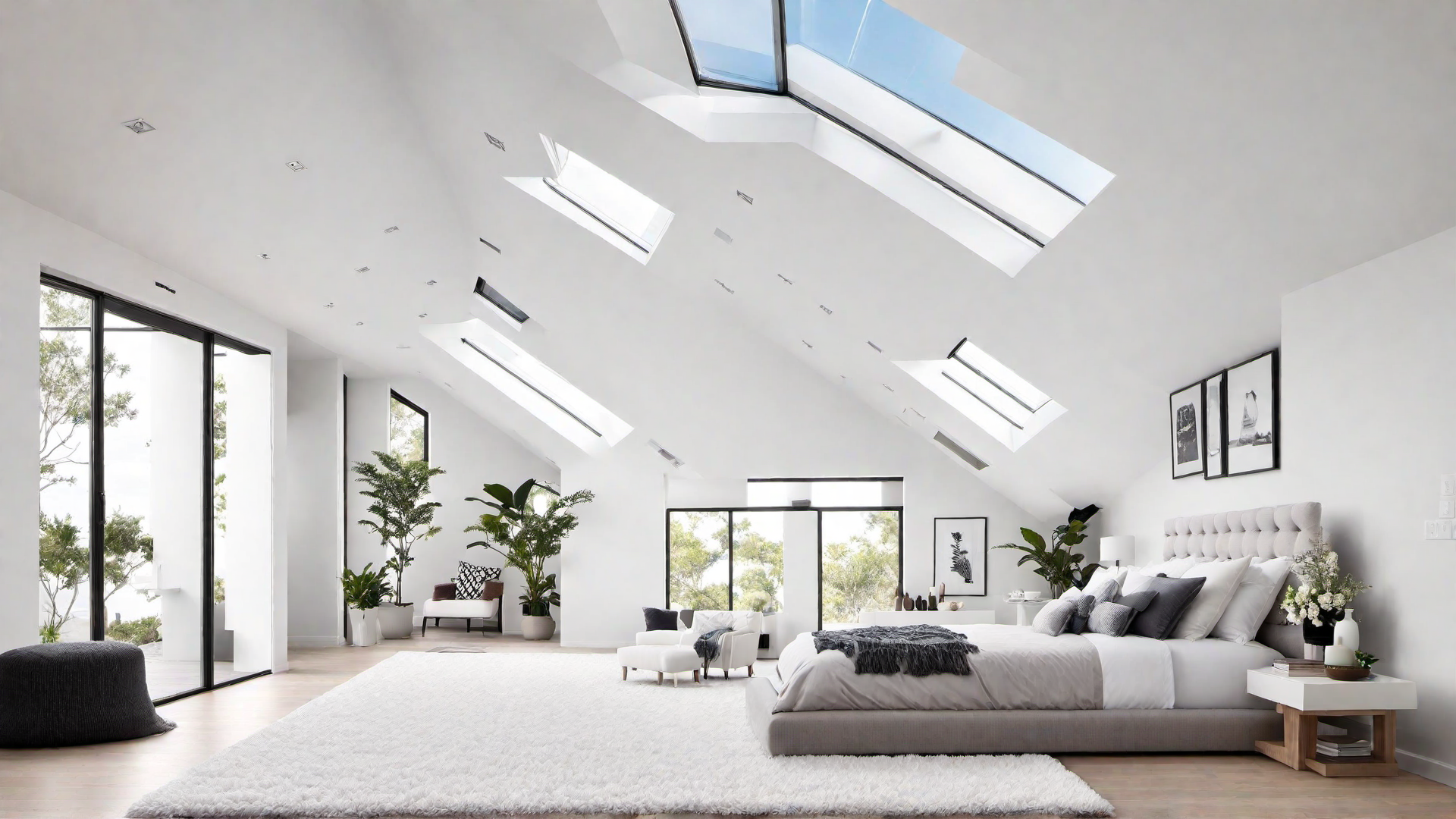 White Bedroom with Skylight and Plush Rug